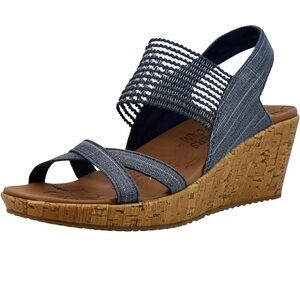 Skechers Beverlee High Tea Wedge Sandals Size 8 Black Yoga Foam Comfort 💙